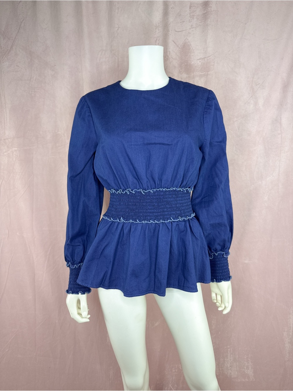 Pearl Lela Rose Womens Blue Blouse Long Sleeve Shirred Size Medium